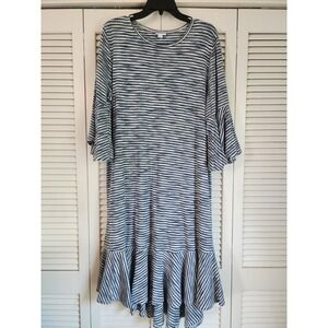 LuLaRoe Maurine Hi-Lo Blue White Striped Ruffle Cotton Dress Womens Plus 2XL